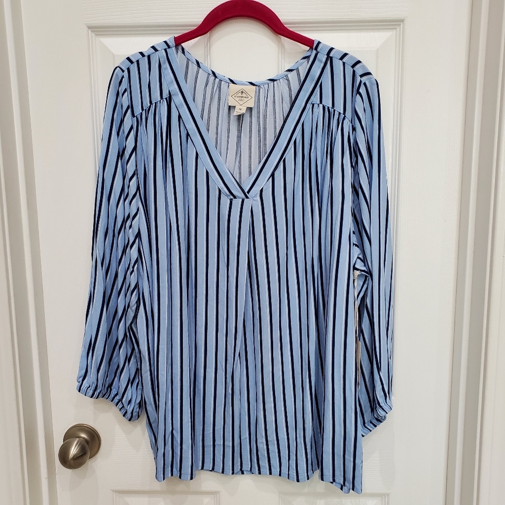 St johns bay Blue Striped Pleated Top Blouse 3/4 Sleeve Size 1X  NWT